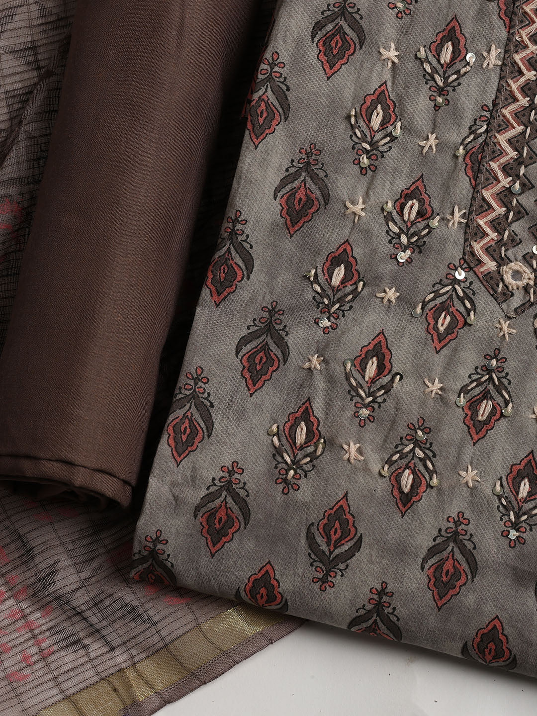 Printed Cotton Blend Unstitched Suit With Dupatta