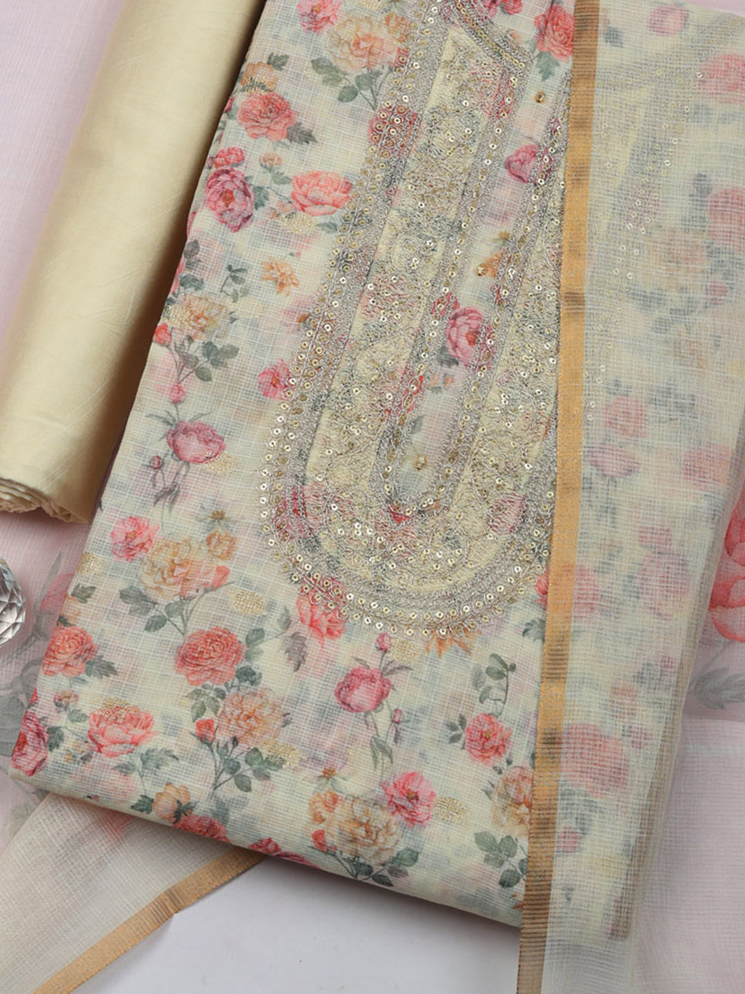 Embroidered Cotton Blend Unstitched Suit With Pant &amp; Dupatta