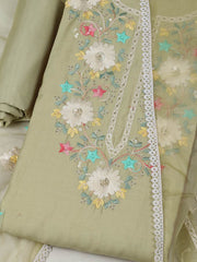 Embroidered Chanderi Pista Green Unstitched Suit With Pant & Dupatta