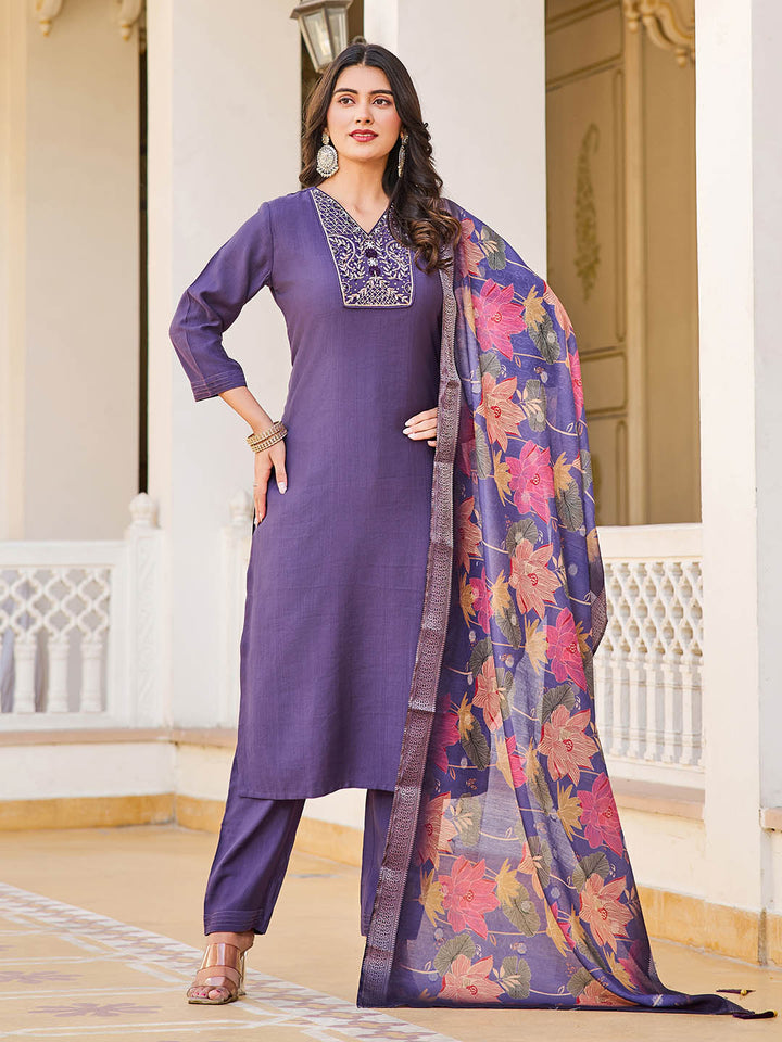 Neck Embroidery Cotton Blend Kurta With Pants &amp; Dupatta