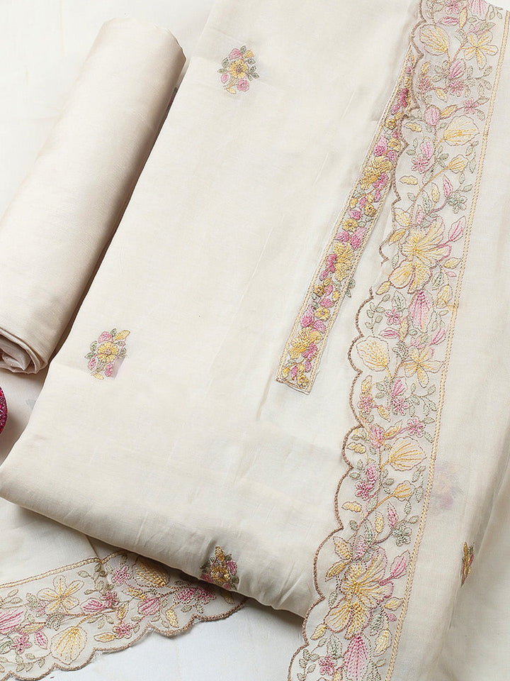 Embroidered Chanderi Unstitched Suit With Pant &amp; Dupatta