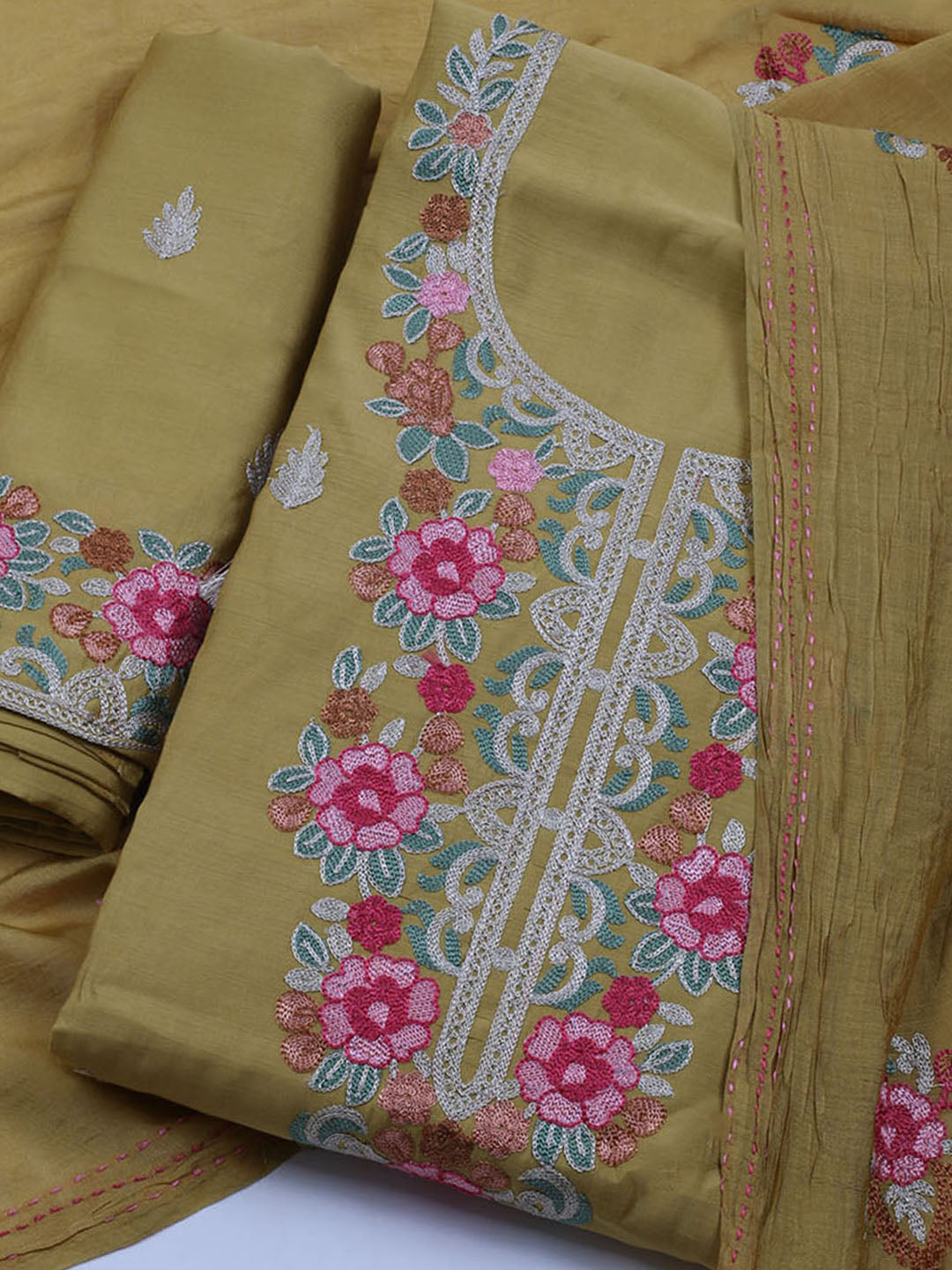 Neck Embroidered Chanderi Unstitched Suit With Dupatta