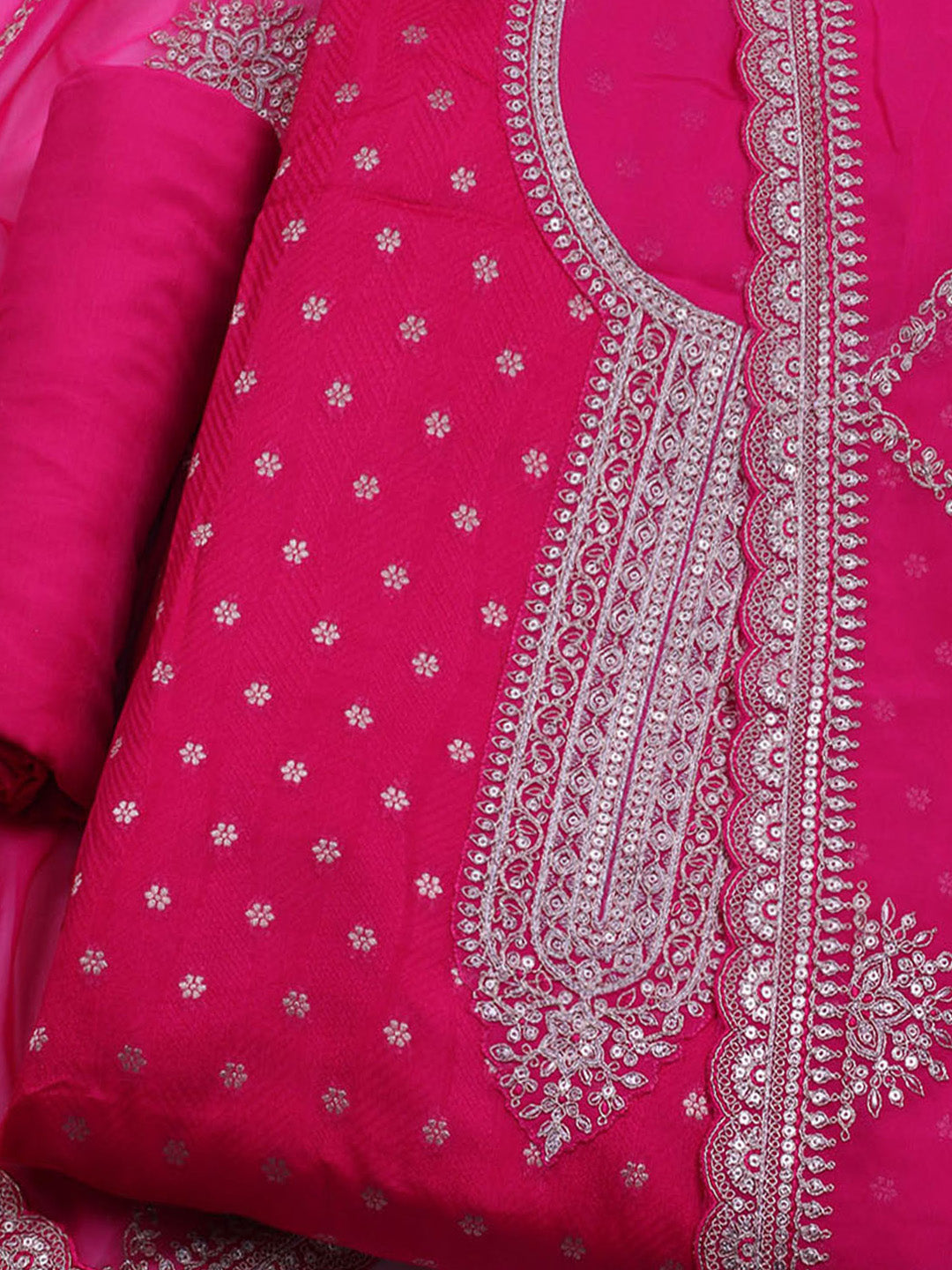 Neck Embroidered Chanderi Unstitched Suit With Dupatta