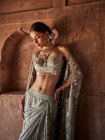 All Over Sequin Embroidery Georgette Choli With Pleated Skirt