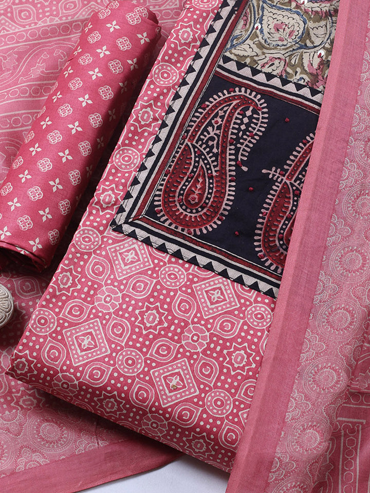Printed Cotton Blend Unstitched Suit With Pant &amp; Dupatta