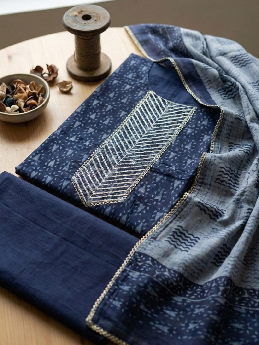Printed Cotton Blend Unstitched Suit With Pant &amp; Dupatta
