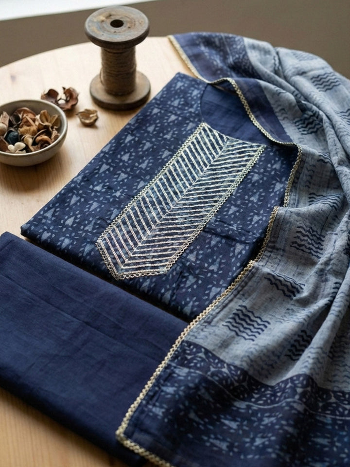 Printed Cotton Blend Unstitched Suit With Pant &amp; Dupatta