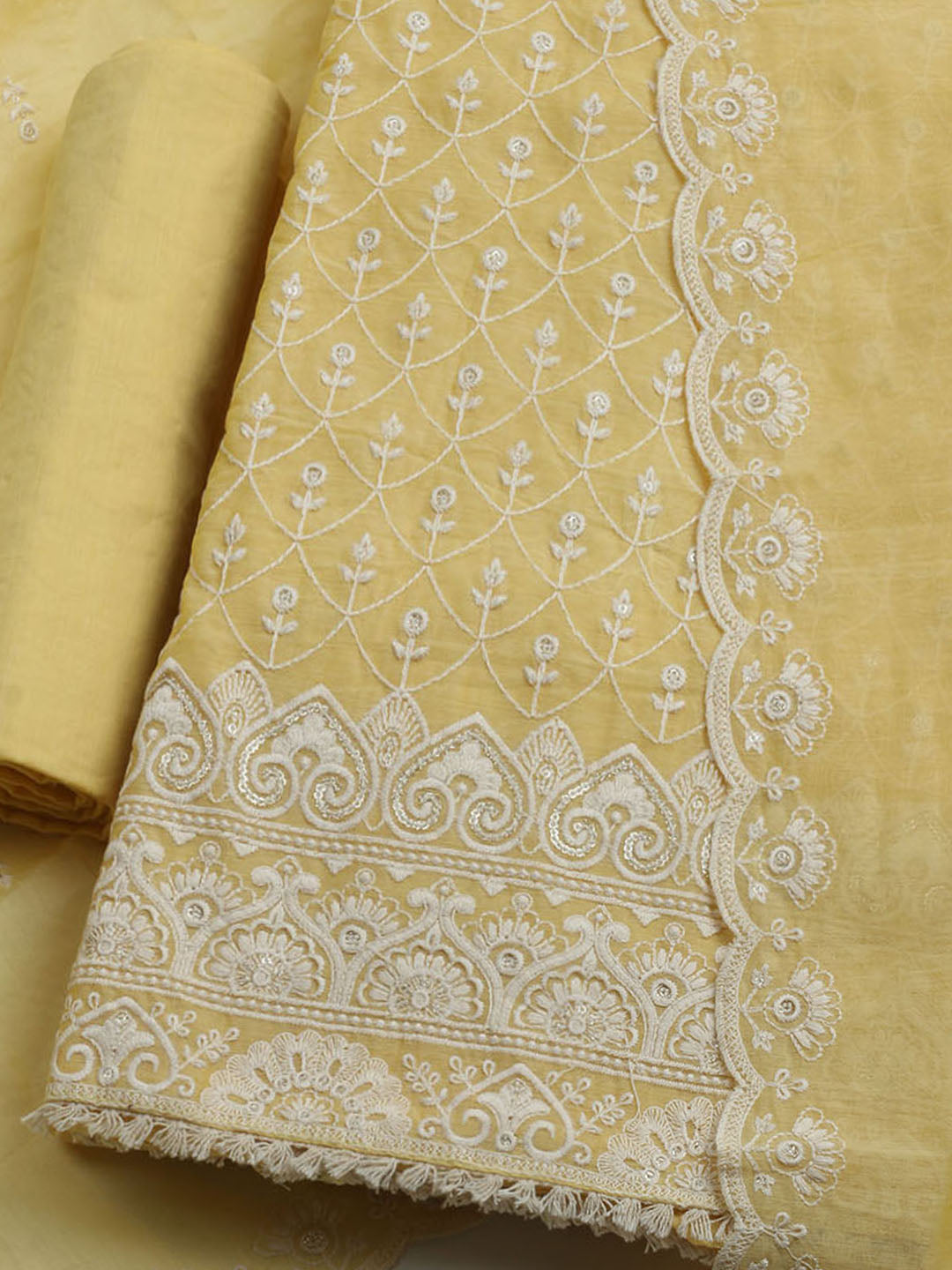 Embroidered Chanderi Unstitched Kurta With Pant & Dupatta