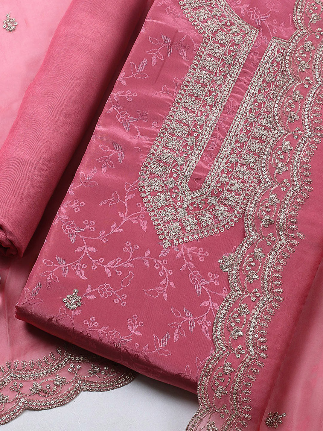 Embroidered Chanderi Unstitched Suit With Pant &amp; Dupatta