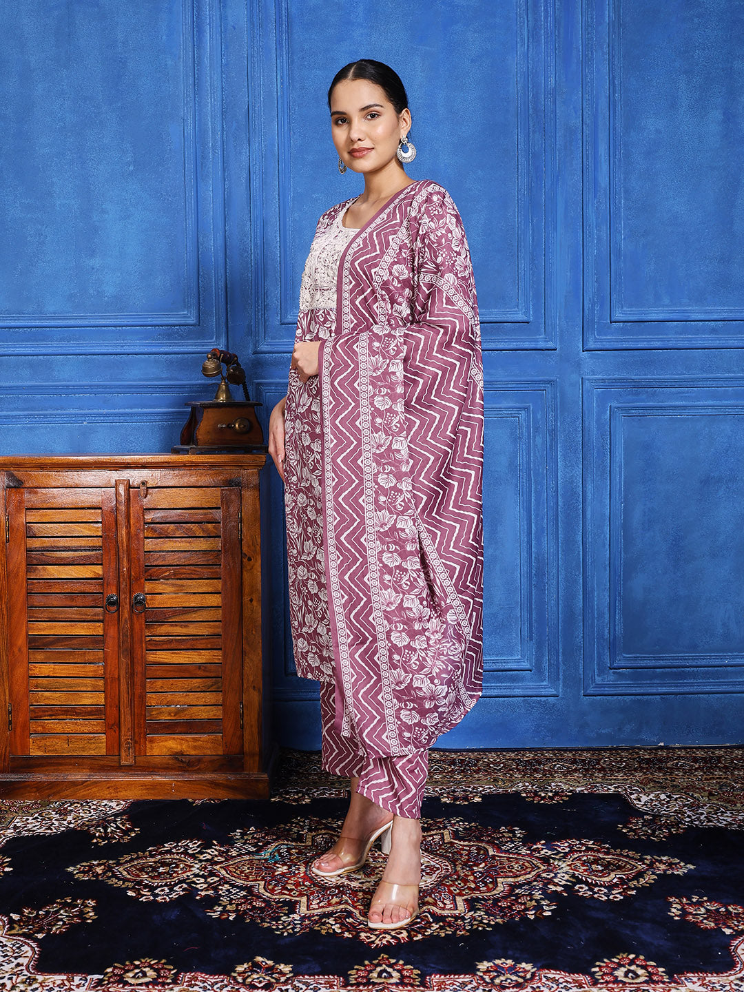 Printed Cotton Blend Kurta With Pants &amp; Dupatta