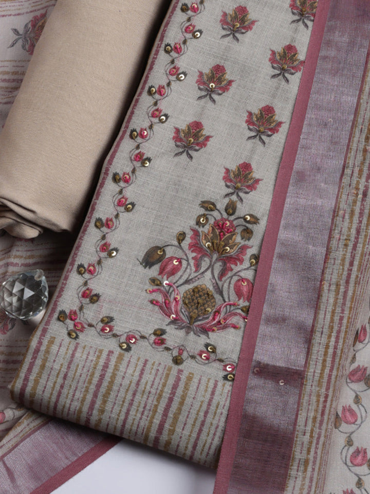 Printed Linen Blend Unstitched Suit With Pant &amp; Dupatta