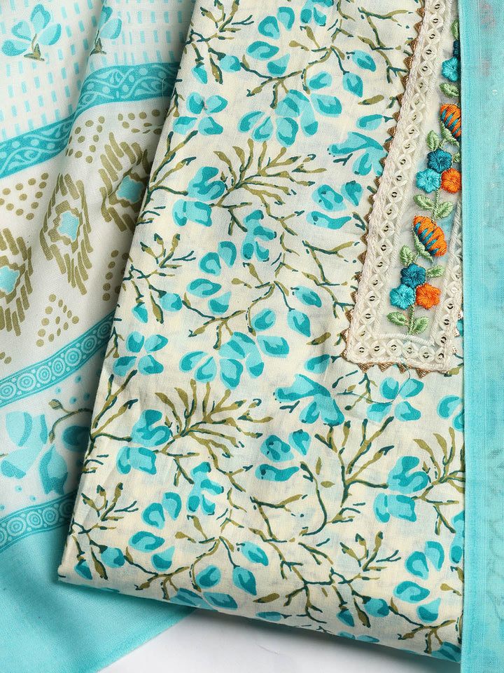 Printed Cotton Blend Unstitched Suit With Dupatta