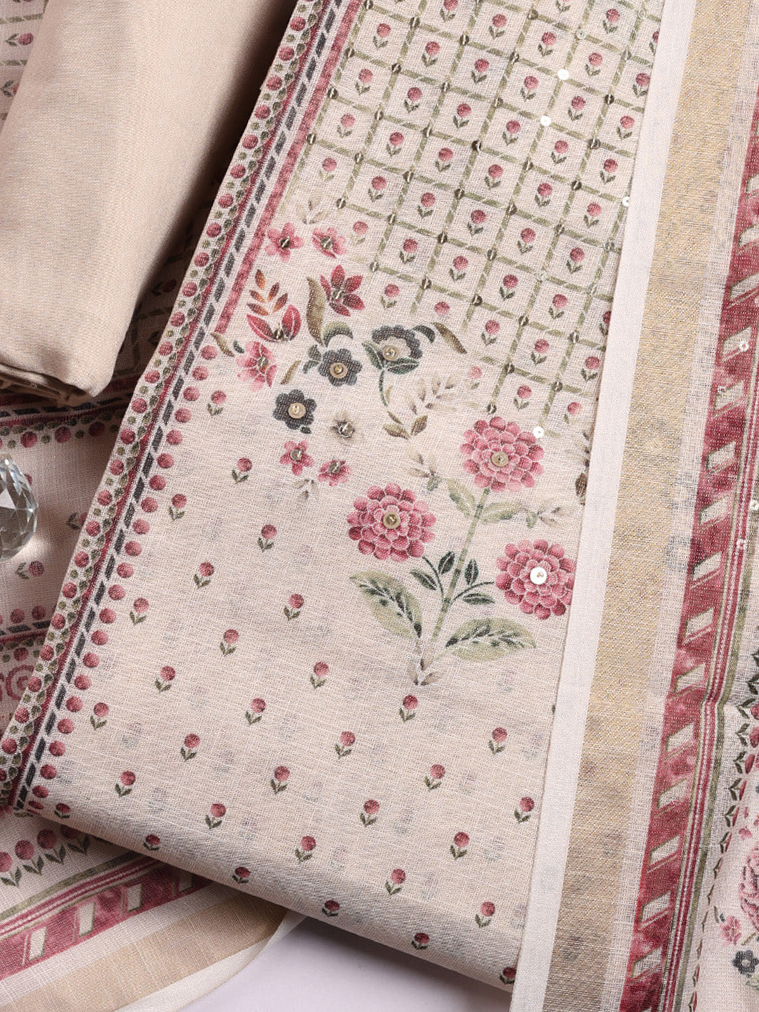 Printed Linen Blend Unstitched Suit With Pant &amp; Dupatta