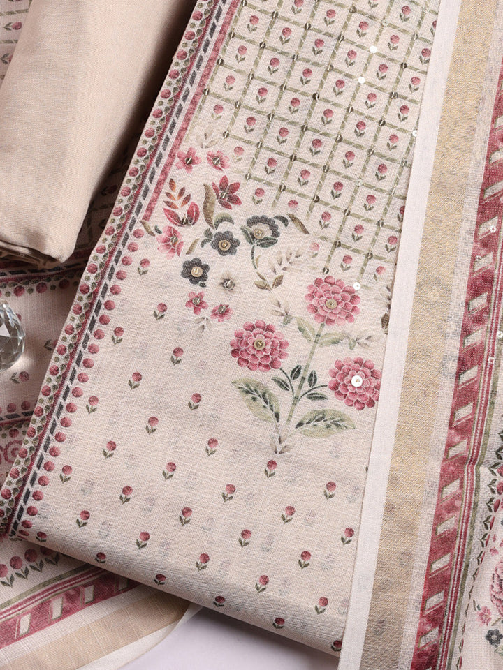 Printed Linen Blend Unstitched Suit With Pant &amp; Dupatta