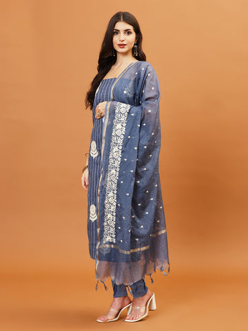 Embroidered Cotton Blend Unstitched Suit Piece With Dupatta