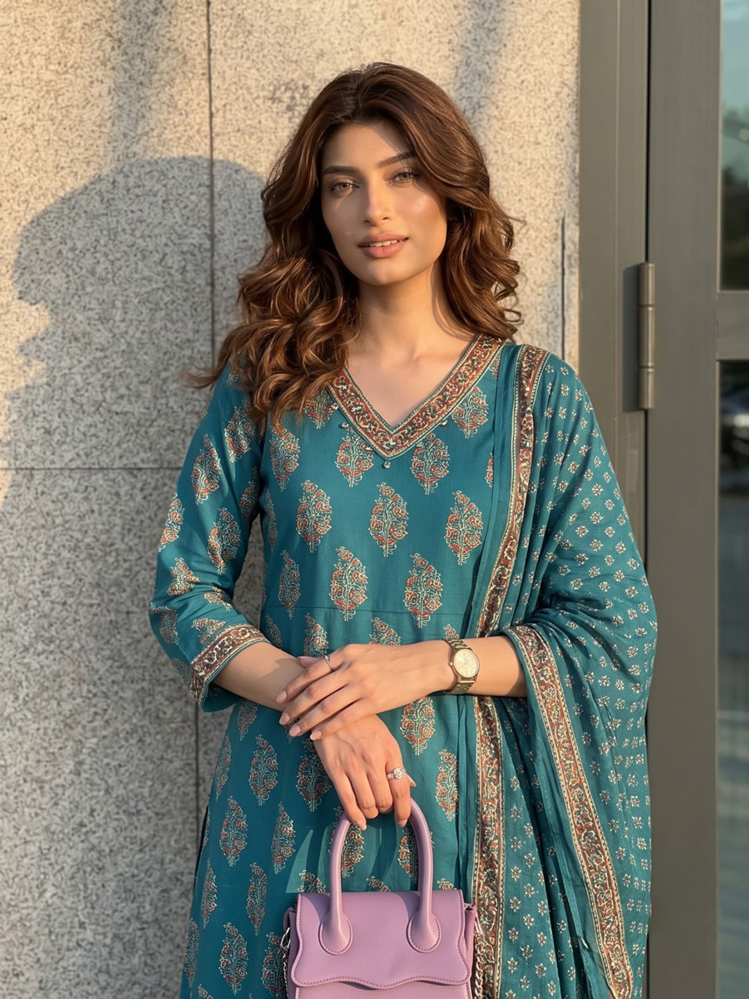 Rama-Green Printed Cotton Blend Kurta With Pant &amp; Dupatta