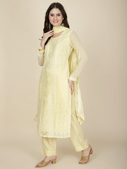 Resham Embroidered Georgette Kurta With Pants & Dupatta