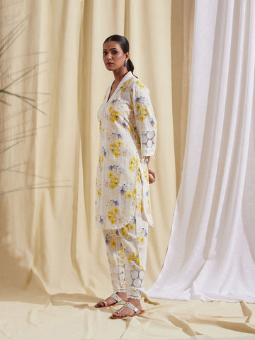 Floral Schiffli Cotton Kurti With Pants