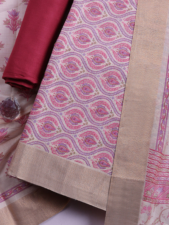 Printed, Chanderi Unstitched Suit With Pant &amp; Dupatta