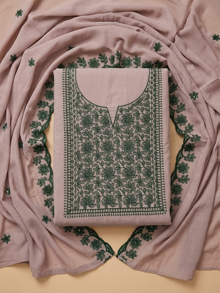 Beige Chanderi Embroidered Unstitched Dress Material