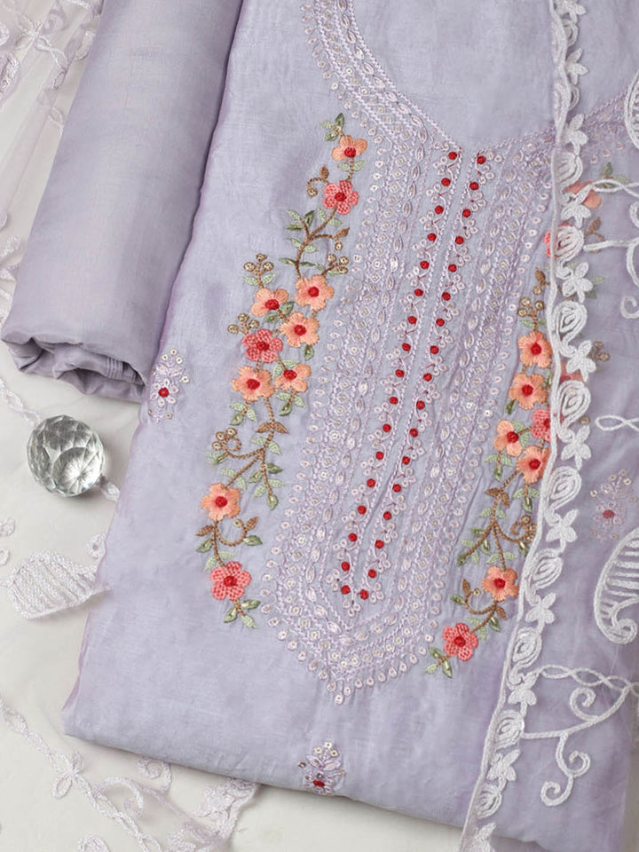 Embroidered Chanderi Unstitched Suit With Pant &amp; Dupatta