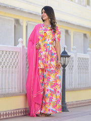 Floral Printed Cotton Kurta With Pants & Dupatta