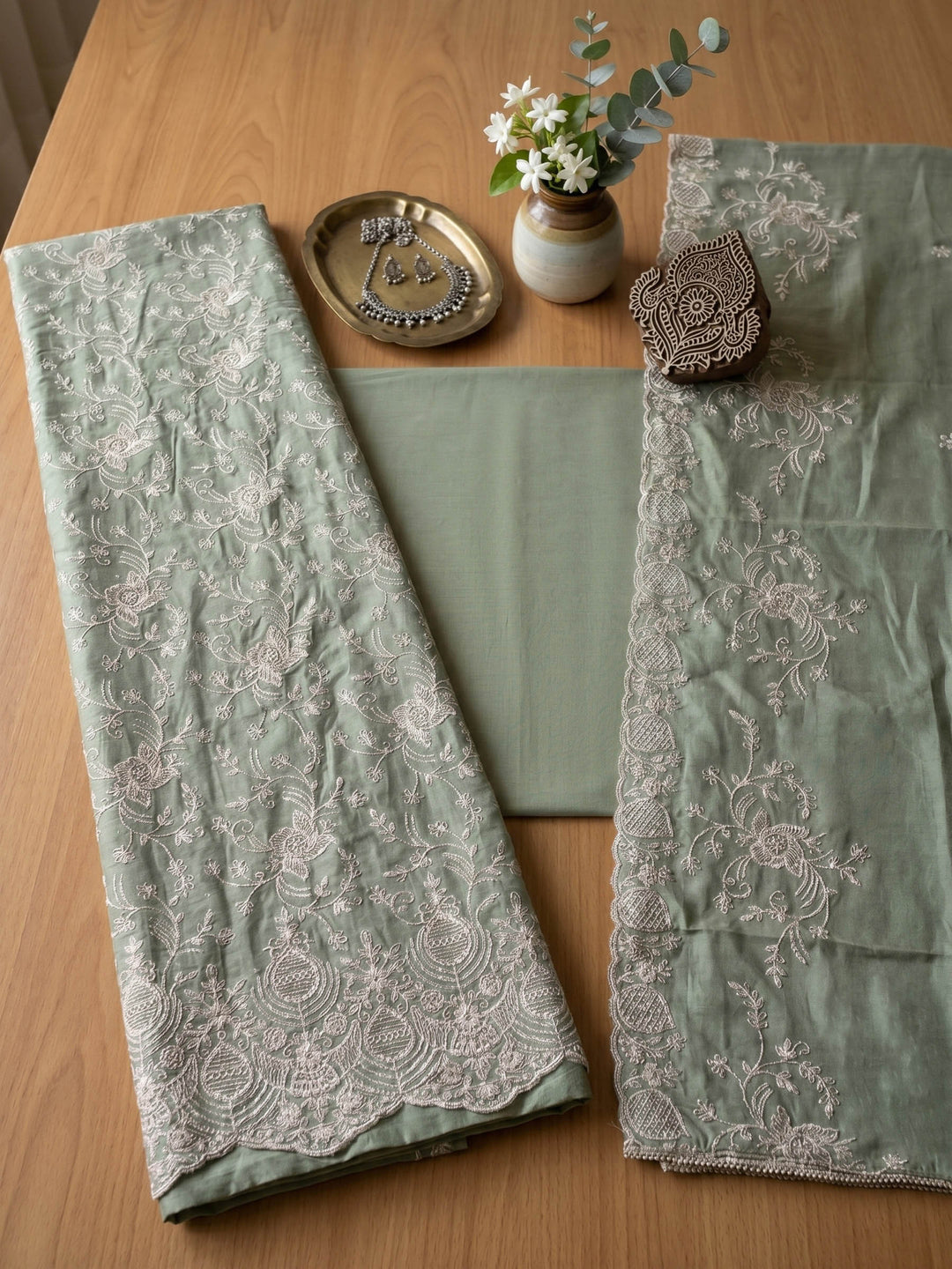Neck Embroidered Cotton Blend Unstitched Suit With Dupatta