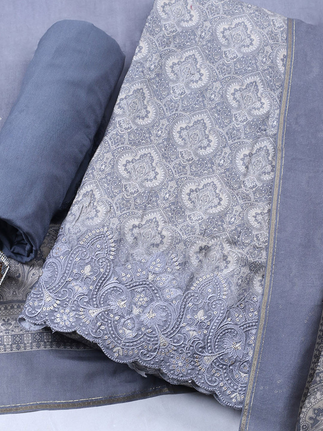 Embroidered Muslin Unstitched Suit With Pant &amp; Dupatta