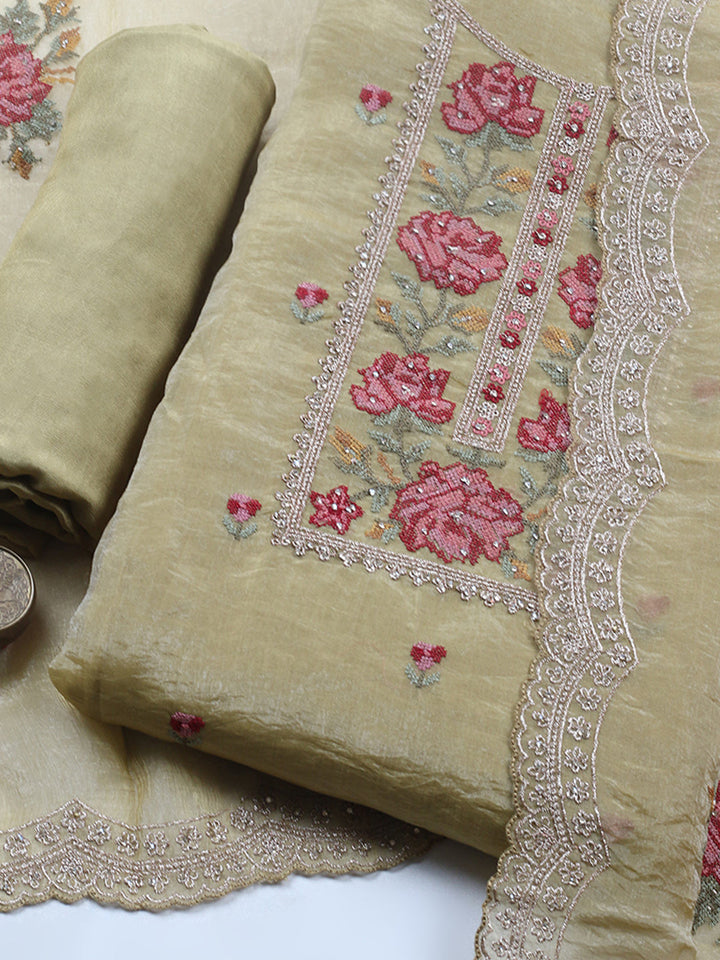 Embroidered Tissue Unstitched Suit With Pant &amp; Dupatta