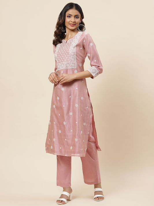 Embroidered Chanderi Kurta With Pants