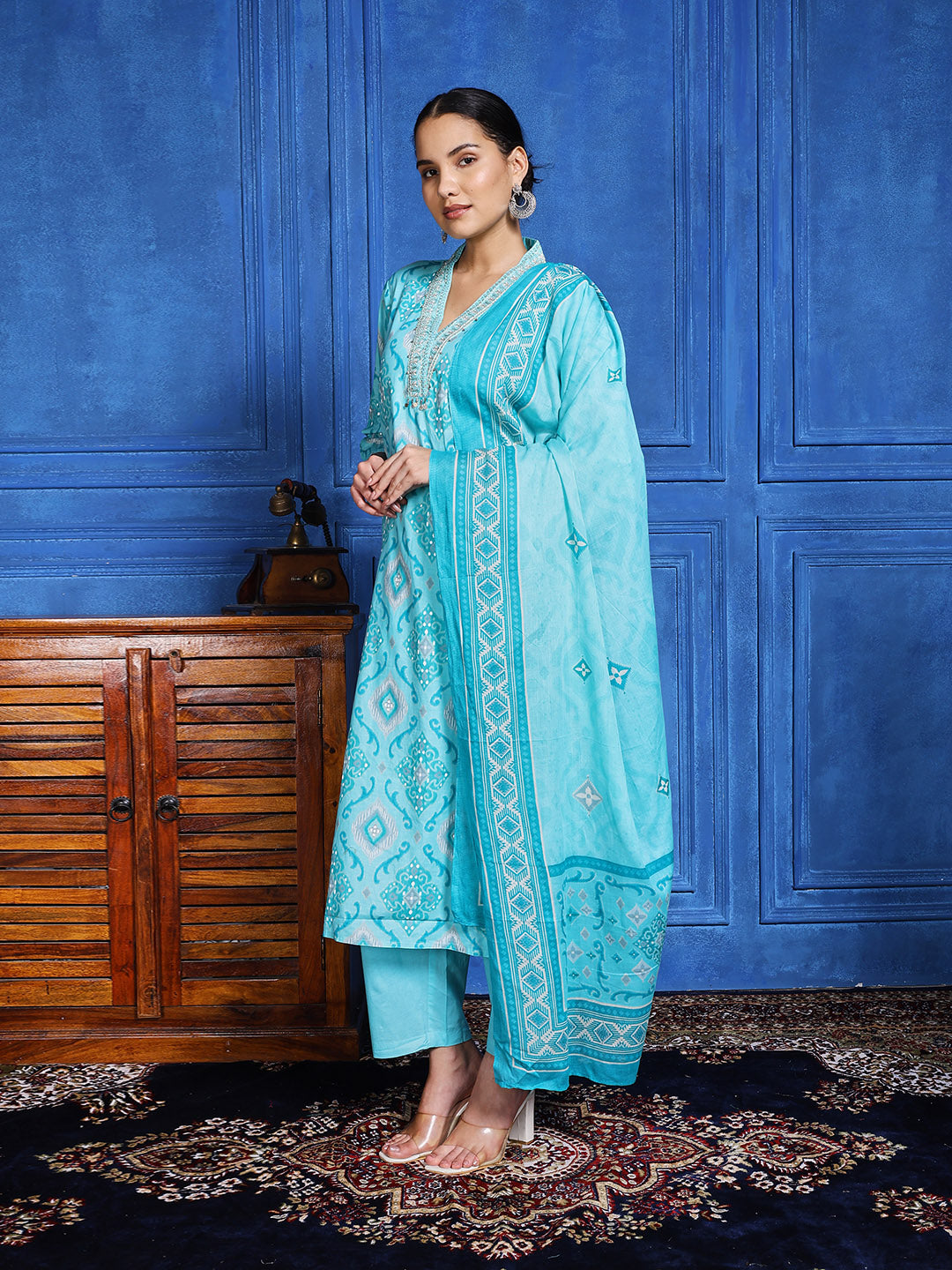 Printed Cotton Blend Kurta With Pants &amp; Dupatta