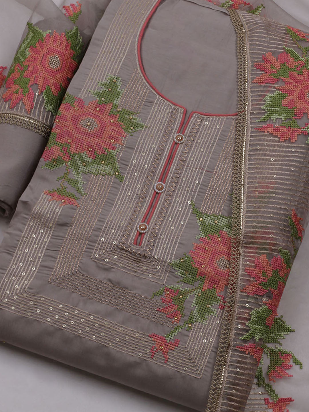 Neck Embroidered Chanderi Unstitched Suit With Dupatta