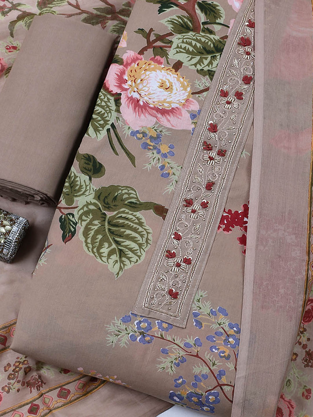 Embroidered Cotton Blend Unstitched Suit With Pant &amp; Dupatta