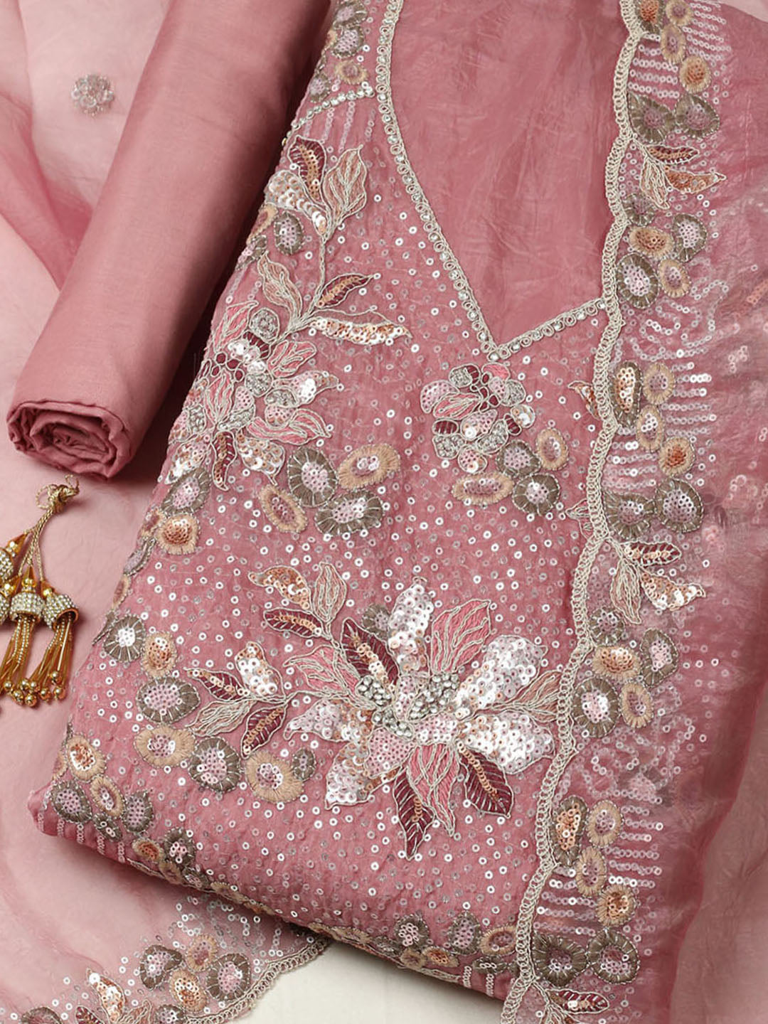 Embroidered Organza Unstitched Suit With Pant &amp; Dupatta