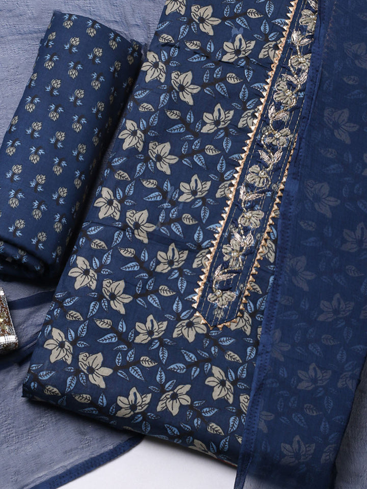 Printed Cotton Blend Unstitched Suit With Pant &amp; Dupatta