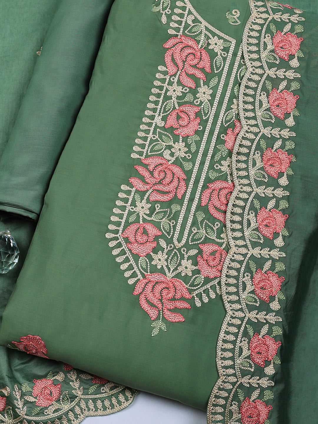 Embroidered Chanderi Unstitched Suit With Pant &amp; Dupatta
