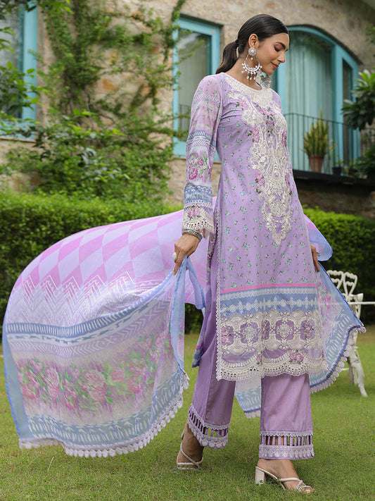 Neck Embroidery Cotton Blend Kurta With Pants & Dupatta