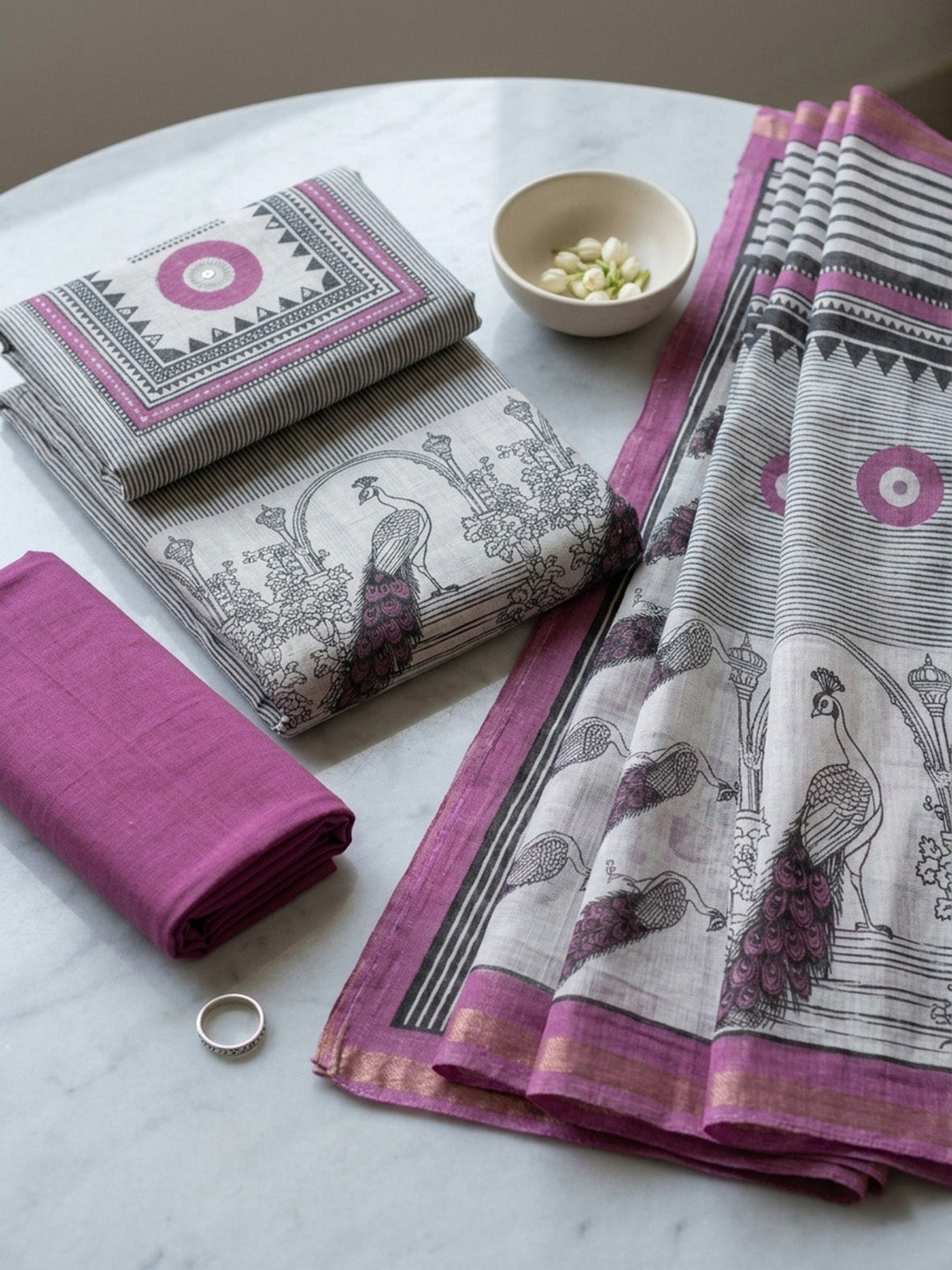 Embroidered Linen Blend Unstitched Suit With Pant &amp; Dupatta