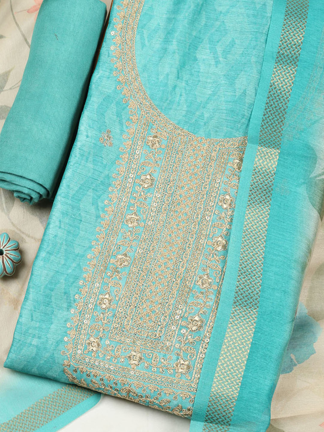 Embroidered Chanderi Unstitched Suit With Pant &amp; Dupatta