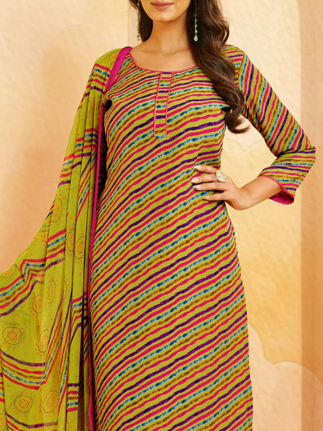Printed Crepe Unstitched Suit With Pant &amp; Dupatta