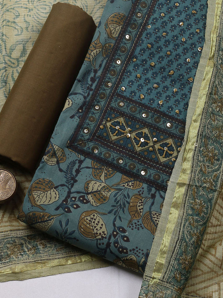 Printed Cotton Blend Unstitched Suit With Pant &amp; Dupatta