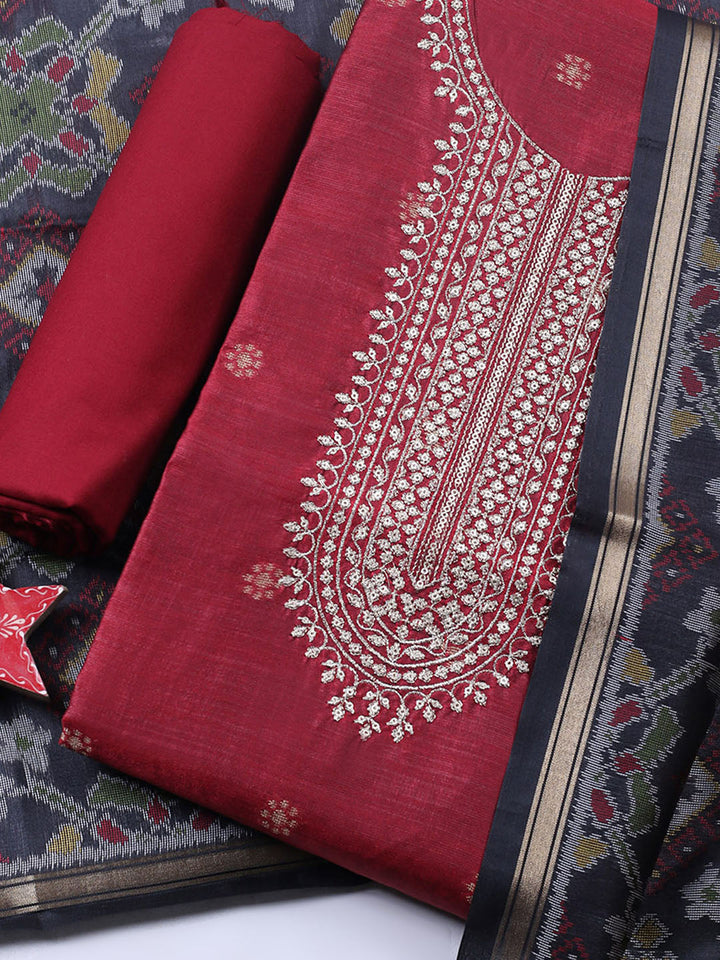 Embroidered Chanderi Unstitched Suit With Pant &amp; Dupatta