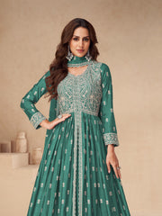 Embroidered Chinon Silk Gown With Plazzo & Dupatta