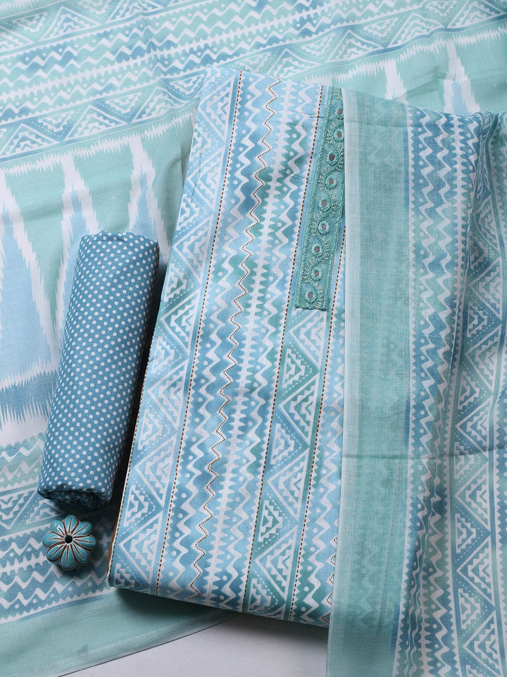 Printed Cotton Blend Unstitched Suit With Pant &amp; Dupatta