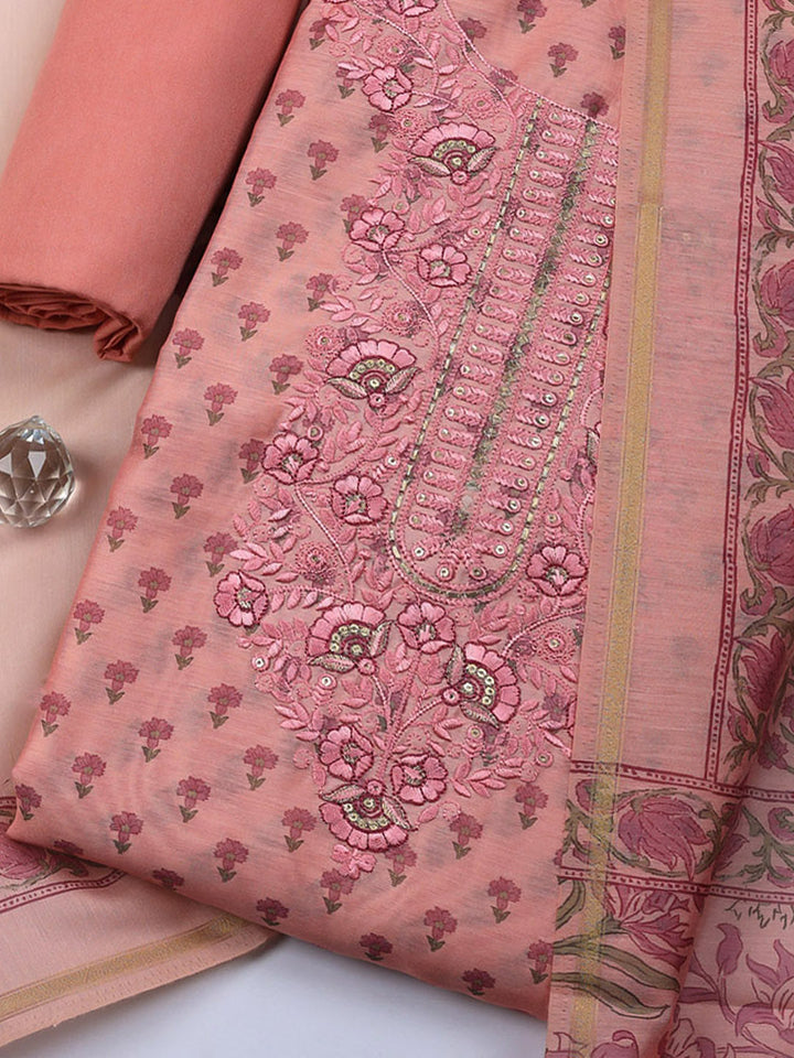 Embroidered Cotton Blend Unstitched Suit With Pant &amp; Dupatta