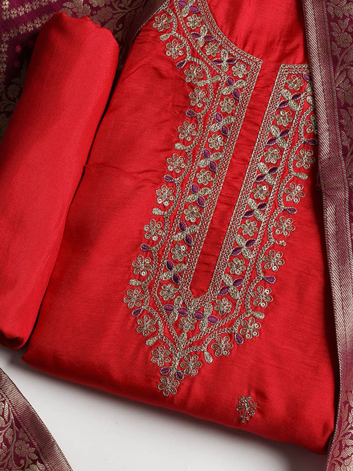 Embroidered Chanderi Unstitched Suit With Dupatta