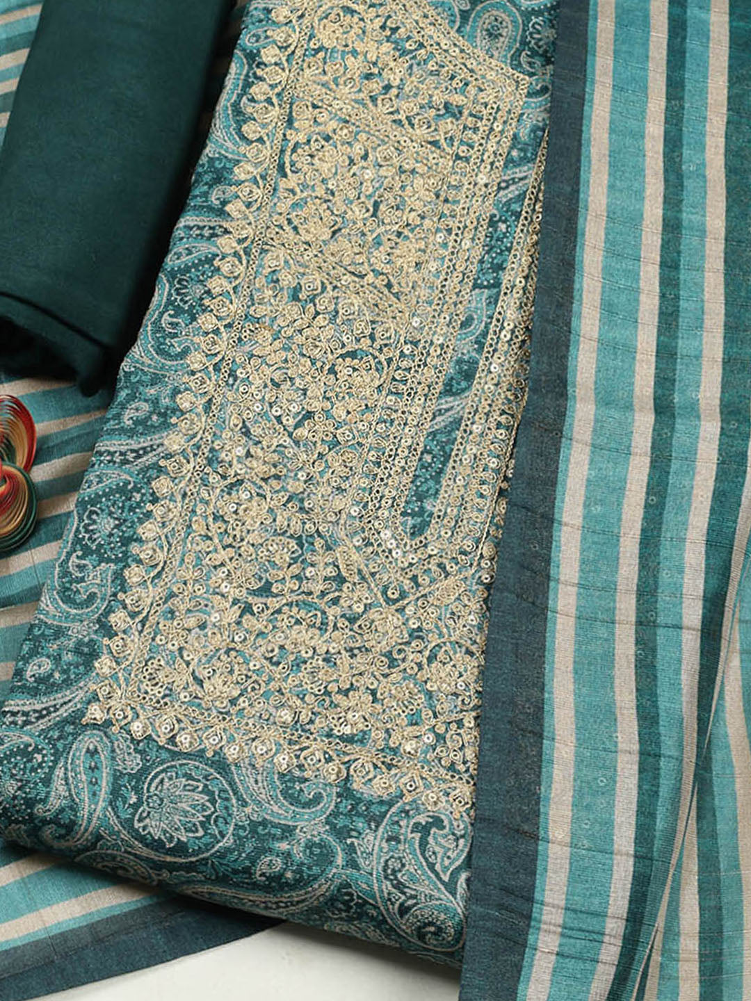 Embroidered Chanderi Unstitched Suit With Pant &amp; Dupatta