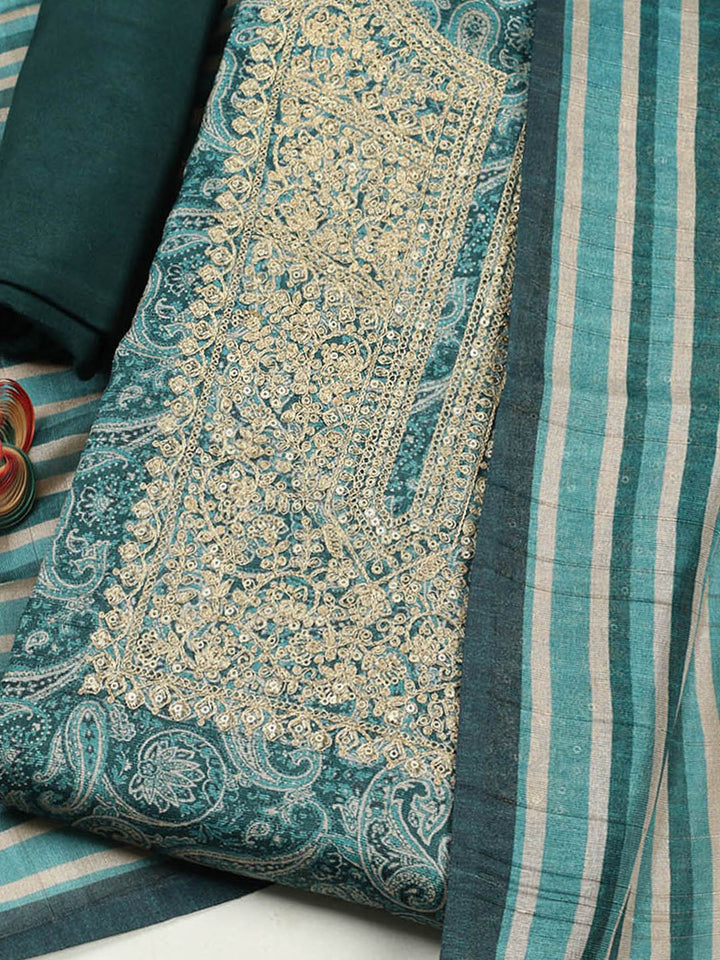 Embroidered Chanderi Unstitched Suit With Pant &amp; Dupatta