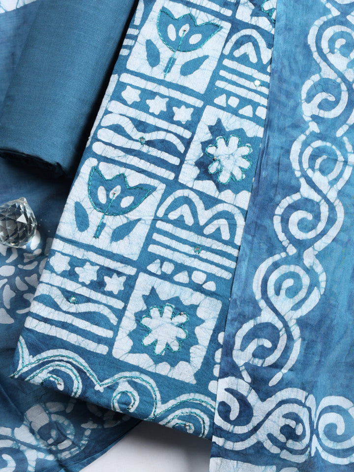 Printed Cotton Blend Unstitched Suit With Pant &amp; Dupatta