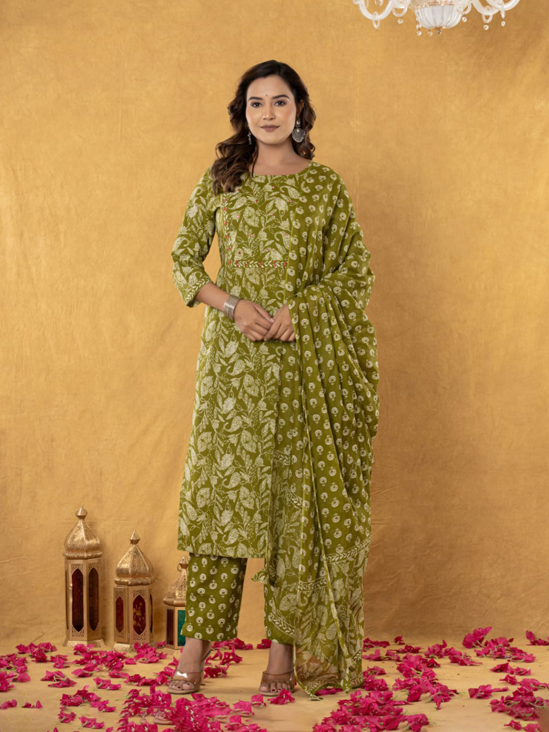 Embroidered Cotton Blend Kurta With Pant &amp; Dupatta